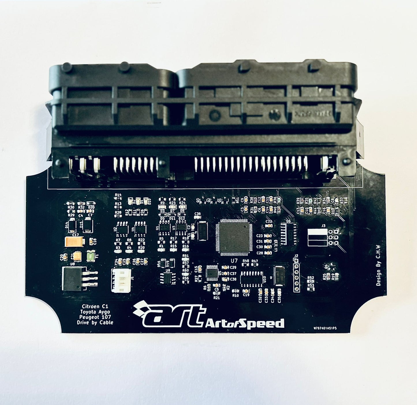 A black Plug-and-Play Standalone ECU Art of Speed for vehicles, with visible circuitry and connectors.