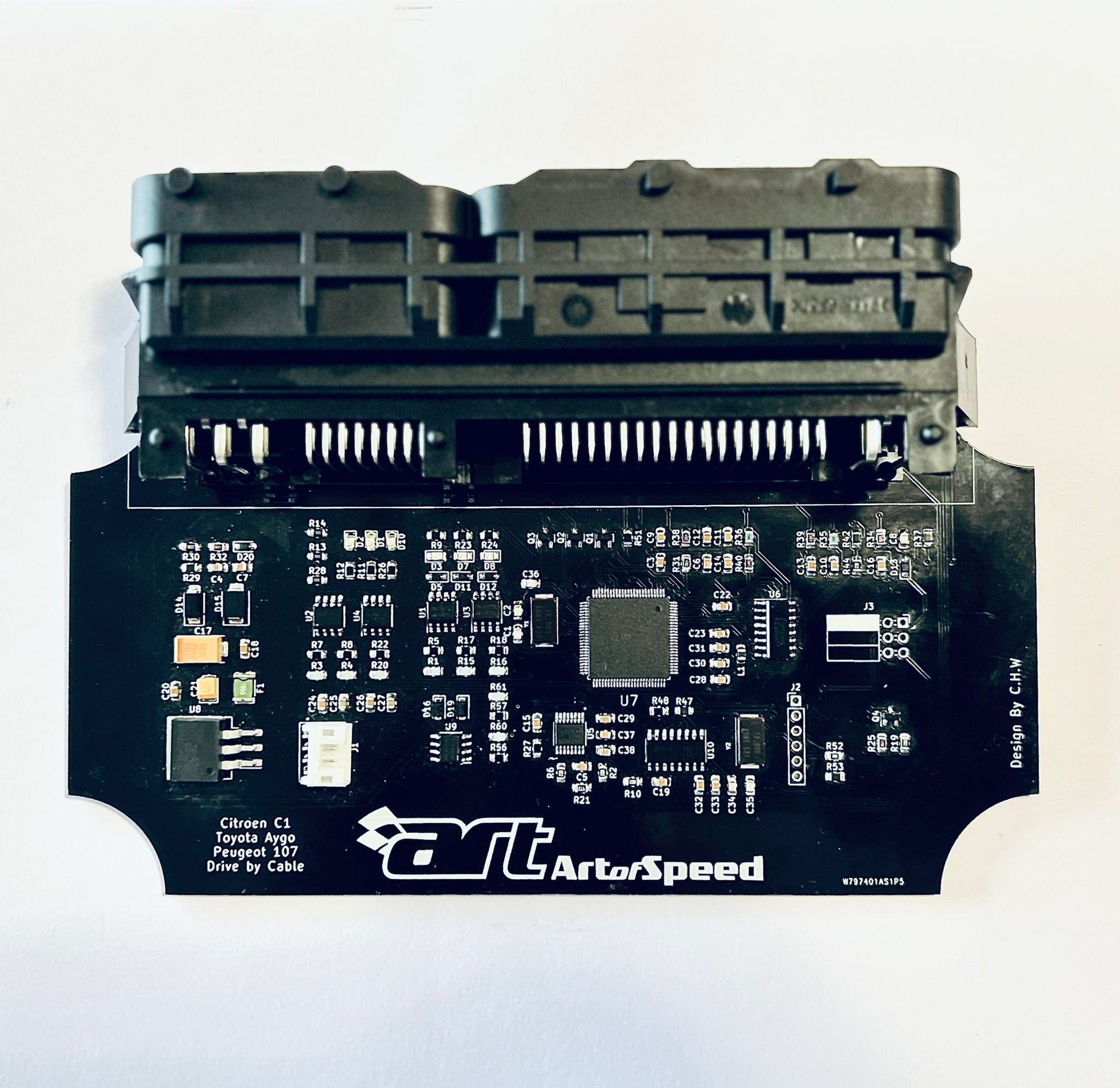 A black Plug-and-Play Standalone ECU Art of Speed for vehicles, with visible circuitry and connectors.
