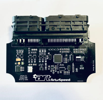 A black Plug-and-Play Standalone ECU Art of Speed for vehicles, with visible circuitry and connectors.