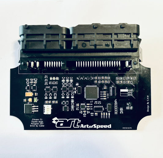 A black Plug-and-Play Standalone ECU Art of Speed for vehicles, with visible circuitry and connectors.